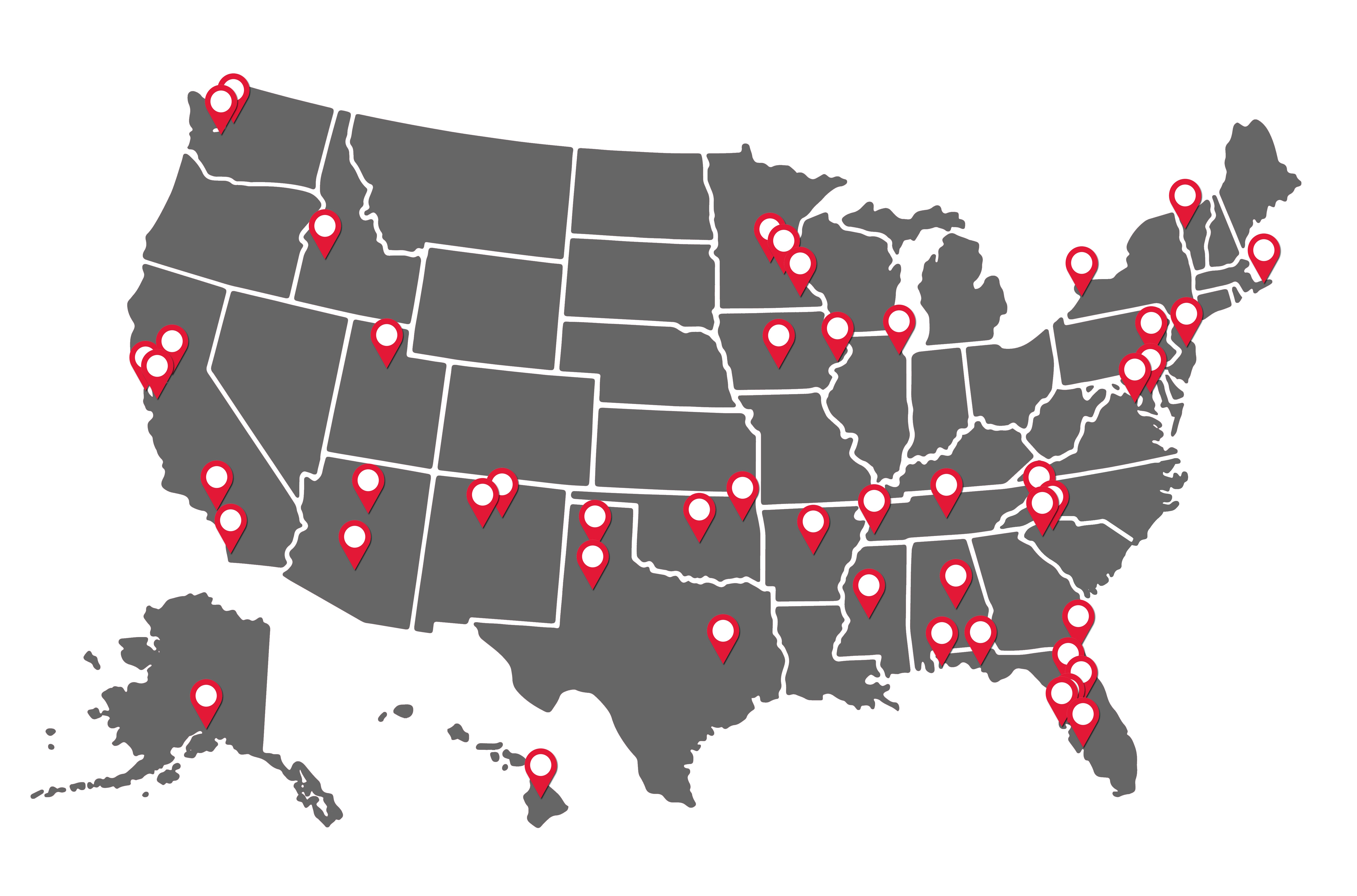 United States Map with Pins Marking Available Territories